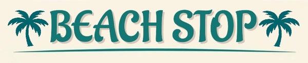 Logo with 'Beach Stop' text flanked by palm tree icons on a white background
